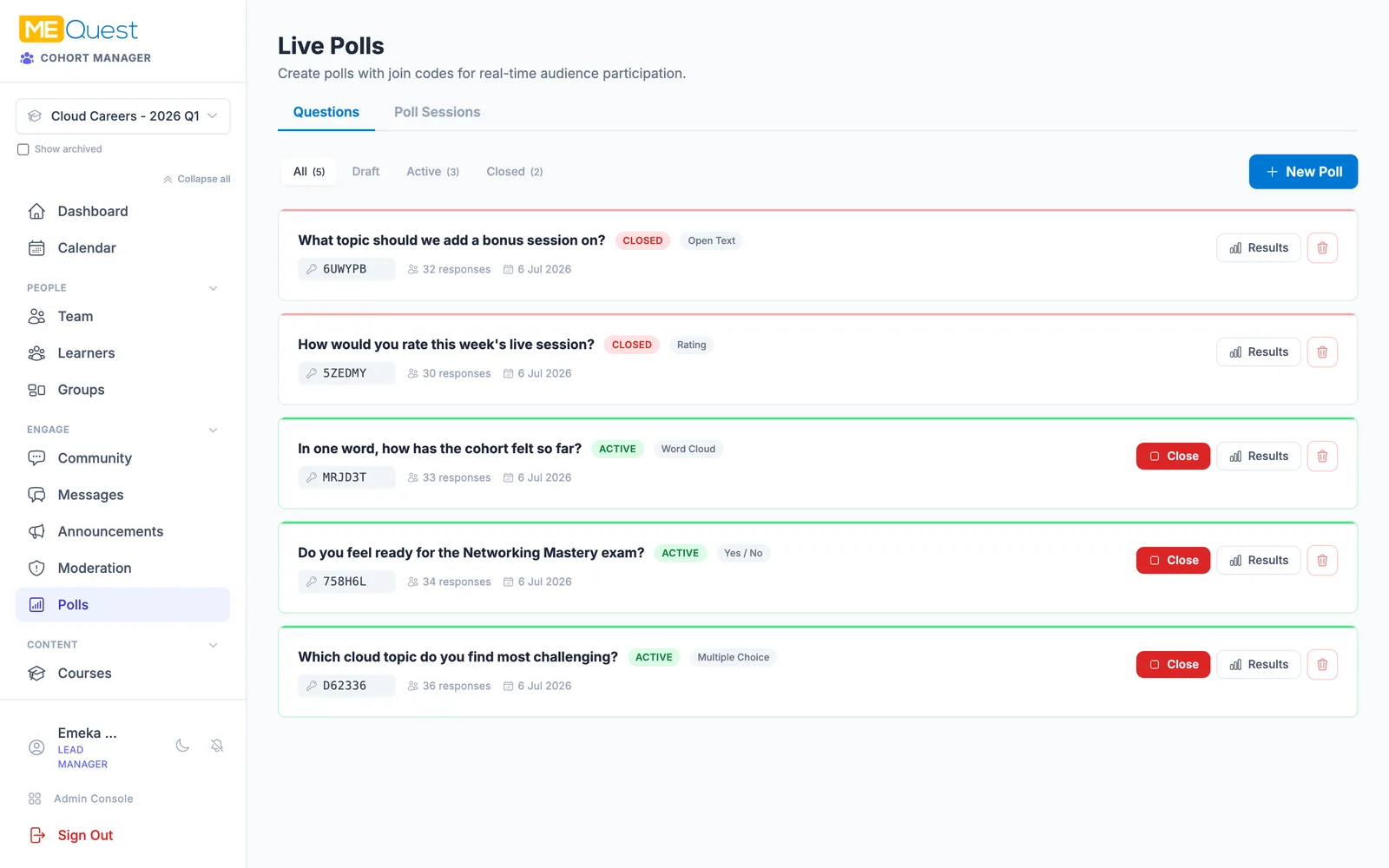 Run live polls and quizzes in MEQuest Learn