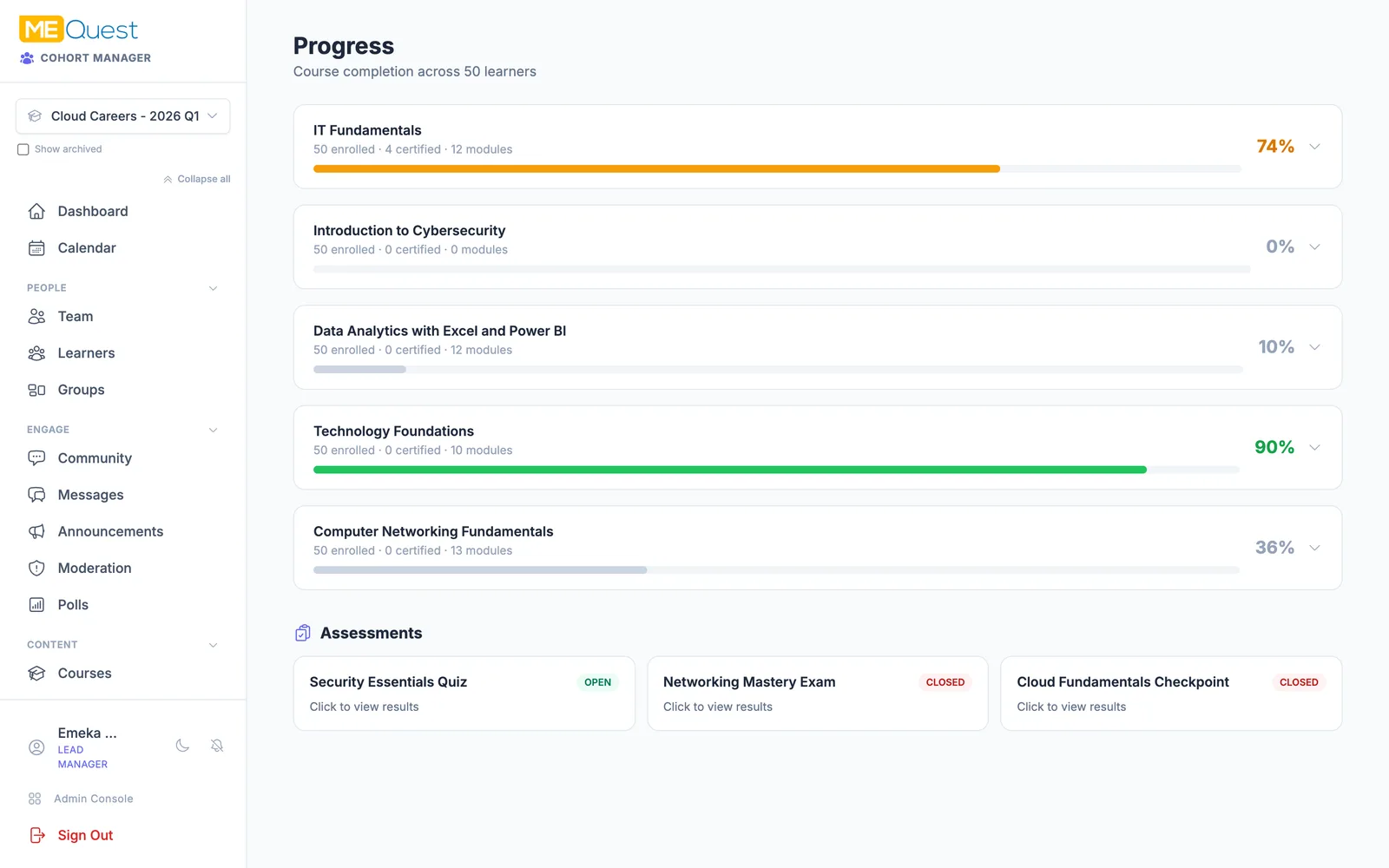 Track progress and certify in MEQuest Learn